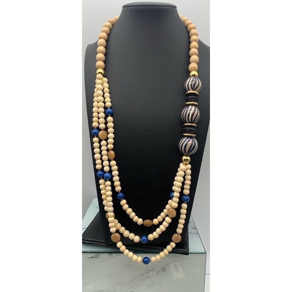 Vintage‎ Handmade Wood Bovine Bone & Stone Beaded Boho Layered Necklace 24"